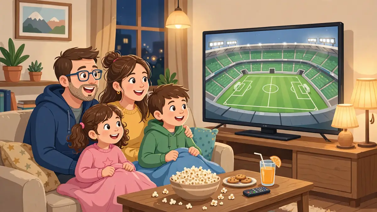 Familia viendo un partido de fútbol en la TV de casa